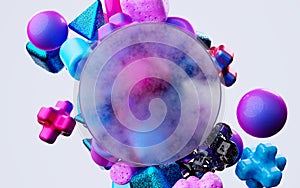 Abstract blue, pink, glass, purple geometric shapes on white background.