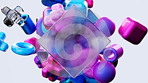 Abstract blue, pink, glass, purple geometric shapes on white background.
