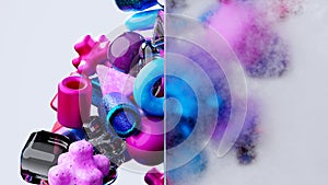 Abstract blue, pink, glass, purple geometric shapes on white background.