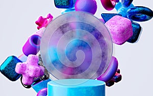 Abstract blue, pink, glass, purple geometric shapes on white background.