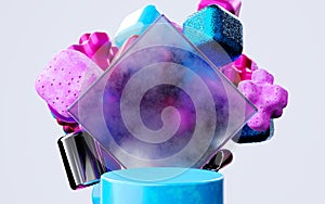 Abstract blue, pink, glass, purple geometric shapes on white background.