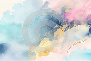 Abstract blue pink and metallic gold watercolor background, paint texture