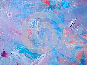 Abstract blue and pink oil hand painting background. Art canvas texture. Paint spots. Smears of paint. Modern Art.