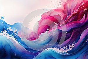 Abstract blue and pink watercolor waves background