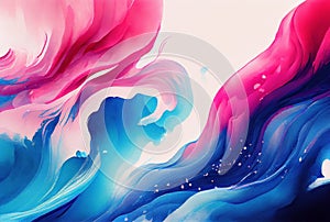 Abstract blue and pink watercolor waves background, paint texture