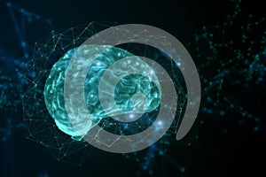 Abstract blue polygonal brain hologram on backdrop. AI and machine learnign concept. 3D Rendering