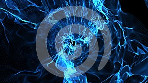 Abstract blue polygonal space object on dark background. Source of energy. 3d rendering