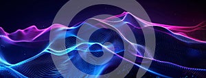 Abstract blue and purple background with curved lines and glowing elements.