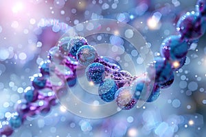 Abstract blue and purple DNA double helix structure on white glittering background