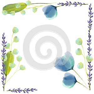 Abstract blue and purple flowers, digital watercolor. Floral decoration