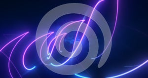 Abstract blue and purple glowing neon energy laser lines flying on a black