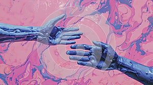 Abstract blue and purple hands reaching out in surreal environment. captivating modern art style perfect for