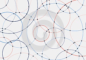 Abstract blue and red circles lines round overlay white background and connecting dots technology concept for your design