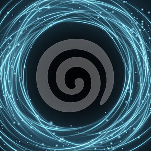 Abstract blue ring of swirling neon lines on a black background. Fantastic circle. Chaotic luminous lines. Blue flash and flying l