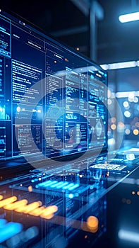 Abstract blue screen interface displaying complex data analysis software and code