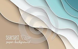 Abstract blue sea and beach summer background with curve paper wave and seacoast for banner, poster or web site design