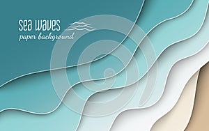 Abstract blue sea and beach summer background with curve paper wave and seacoast, cropped with clipping mask for banner, poster