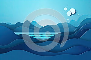 Abstract blue sea and beach summer background with curve paper waves and seacoast for banner, flyer, invitation, poster or web