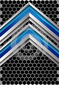 Abstract blue silver arrow direction on dark metallic hexagon mesh design modern futuristic technology background vector.