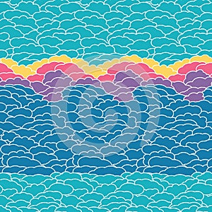 Abstract blue sky with clouds at sunset, vector seamless pattern background for fabric, wallpaper, scrapbooking projects