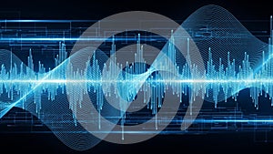 Abstract blue sound wave and digital data stream visualization