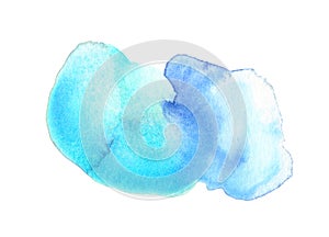 Abstract blue stain on white background. Cyan blue color blot watercolor illustration. Watercolour brush of wet paint