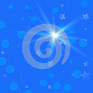 Abstract blue stars and bokeh circles  star burst with sparkles  glow light effect