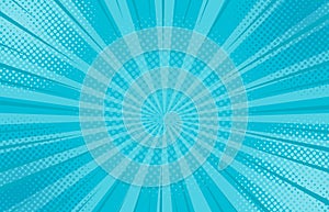 Abstract blue striped retro comic background with halftone corners. Cartoon turquoise background with stripes and half