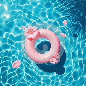 Abstract blue swimming pool water background with pink swimming pool ring float, top view