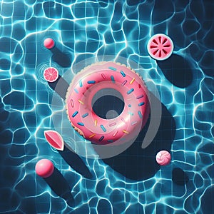 Abstract blue swimming pool water background with pink swimming pool ring float, top view