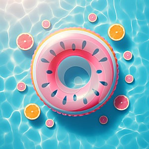 Abstract blue swimming pool water background with pink swimming pool ring float, top view