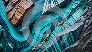 Abstract blue and teal patterns with stone textures flow in waves