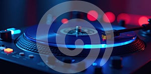 Abstract blue tech line on turntable, internet backdrop, glowing, space, power