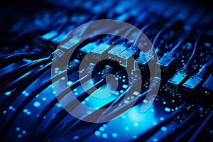 Abstract blue technological background with cables and plugs