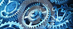 Abstract blue-toned gears and cogs symbolizing currency exchange mechanisms