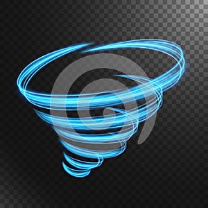 Abstract blue tornado line of light with a transparent background, isolated and easy to edit. Vector Illustration