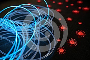 Abstract blue translucent wire with red blots chaotic pattern