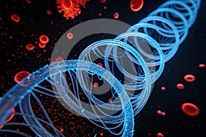 Abstract blue translucent wire with red blots chaotic pattern