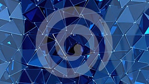 Abstract blue triangular geometric pattern background design featuring interlocking shiny shapes with a reflective surface.