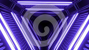 Abstract blue triangular tunnel of neon blue color. Design. Flying through spinning endless corridor.