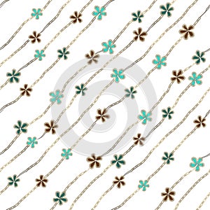 Abstract blue, turquoise and brown flowers like brooch and jewelry diamond chains on white background.