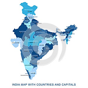 Abstract blue vector India map with states and their respective capital
