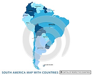 Abstract blue vector South America map with countries and their respective capital.