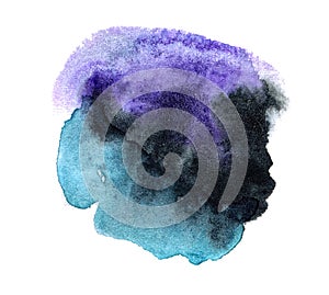 Abstract blue violet black watercolor stain. Watercolor hand drawn texture for backgrounds, cards, banners.