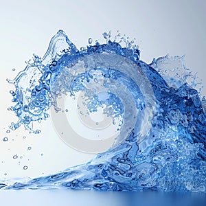 Abstract blue water wave splash with bubbles, isolated on white