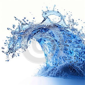 Abstract blue water wave splash with bubbles, isolated on white