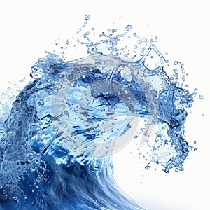 Abstract blue water wave splash with bubbles, isolated on white