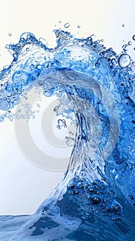 Abstract blue water wave splash with bubbles, isolated on white