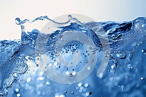 Abstract blue water wave splash with bubbles, isolated on white