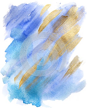 Abstract blue watercolor backround with gold paint strokes